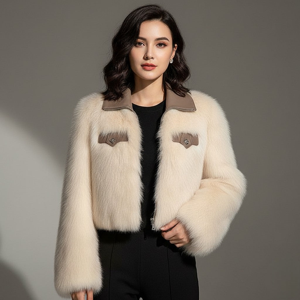 Giselle - Women's Faux Fur Jacket with Leather Collar