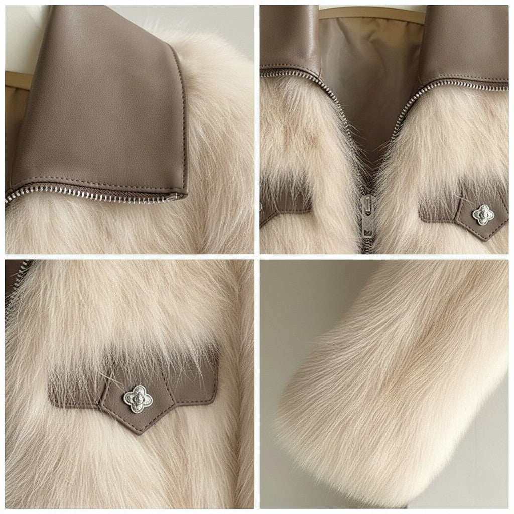 Giselle - Women's Faux Fur Jacket with Leather Collar