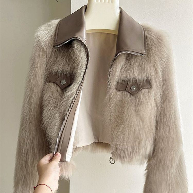 Giselle - Women's Faux Fur Jacket with Leather Collar