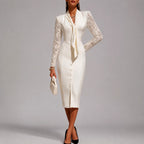 Gloria - Women's Lace Sleeve Tie-Neck Fitted Midi Dress 1