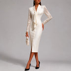 Gloria - Women's Lace Sleeve Tie-Neck Fitted Midi Dress 2