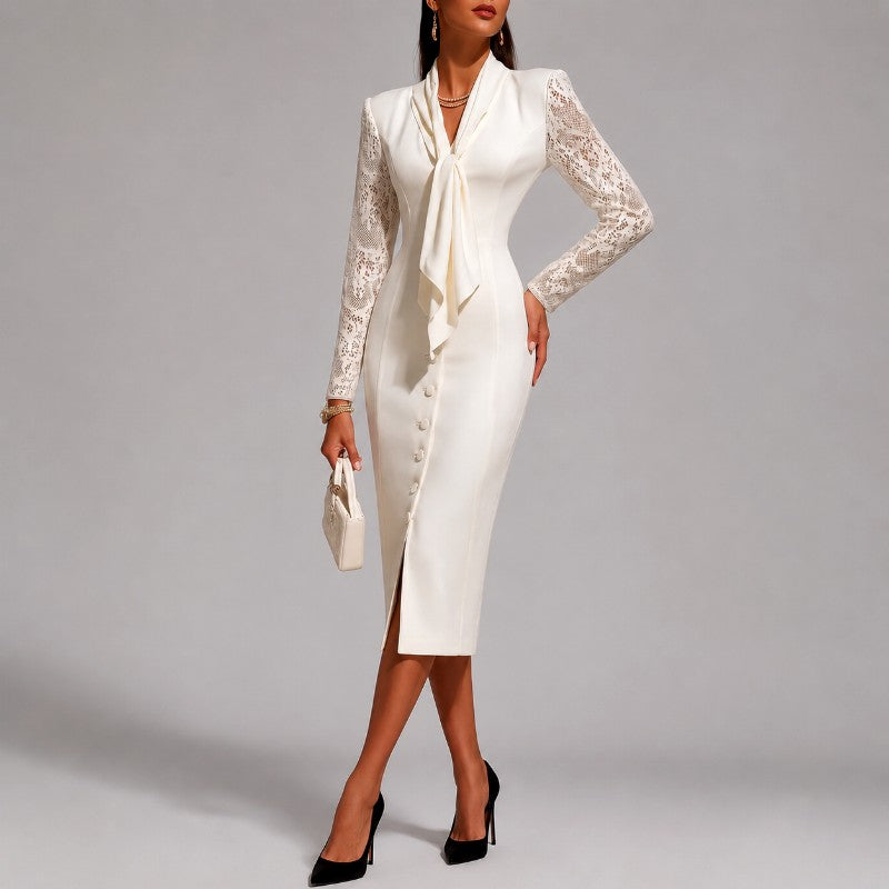Gloria - Women's Lace Sleeve Tie-Neck Fitted Midi Dress 2