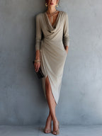Greta - Women's Draped Neck Long-Sleeve Evening Dress 2