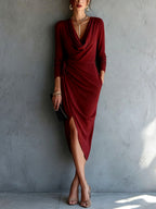 Greta - Women's Draped Neck Long-Sleeve Evening Dress 5