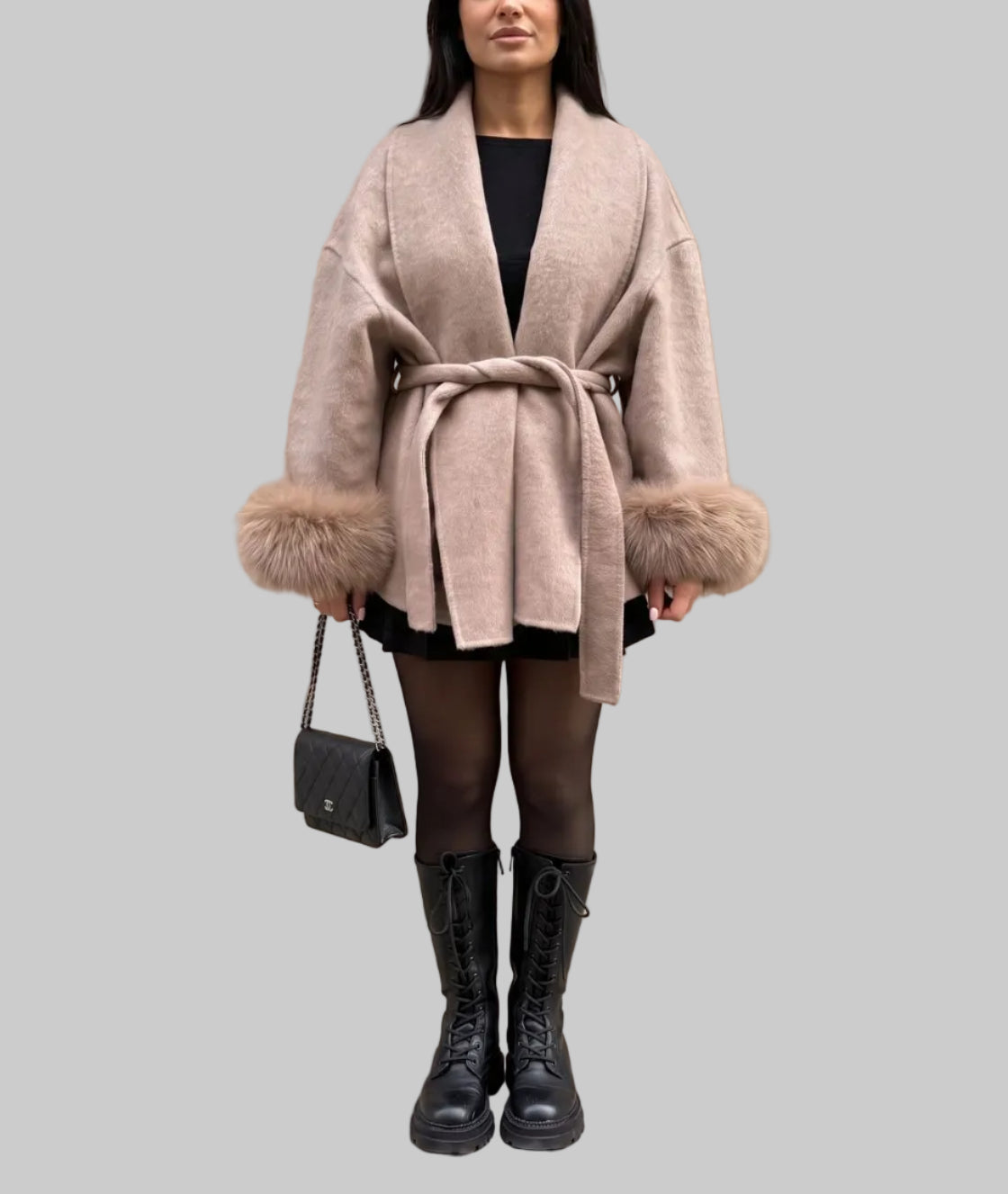 Hadley - Women's Wrap Coat with Faux-Fur Cuffs