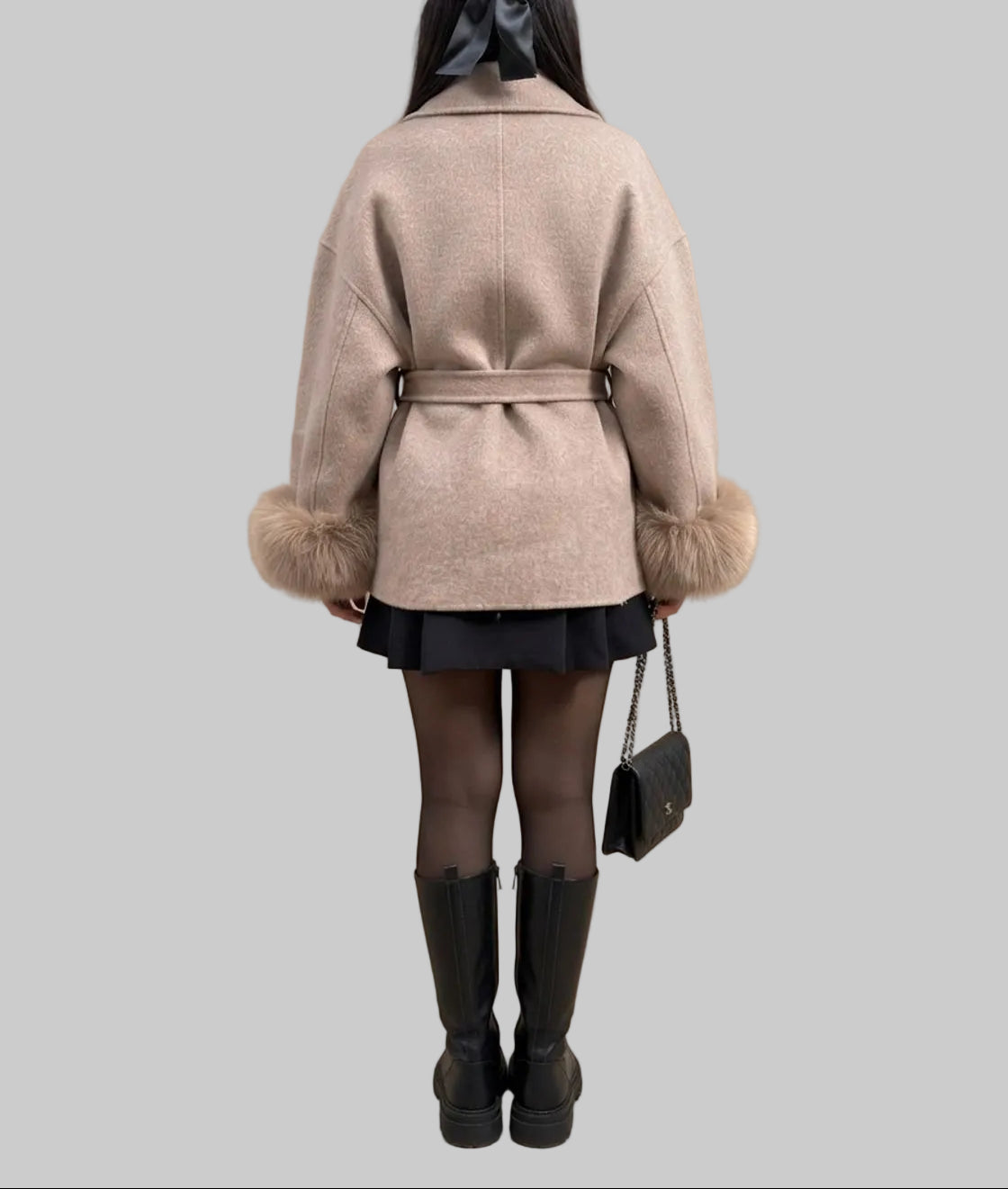 Hadley - Women's Wrap Coat with Faux-Fur Cuffs