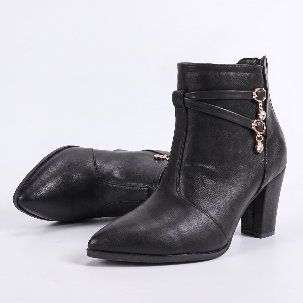 Hailey - Women's Pointed-Toe Block Heel Boots with Crystal Charm