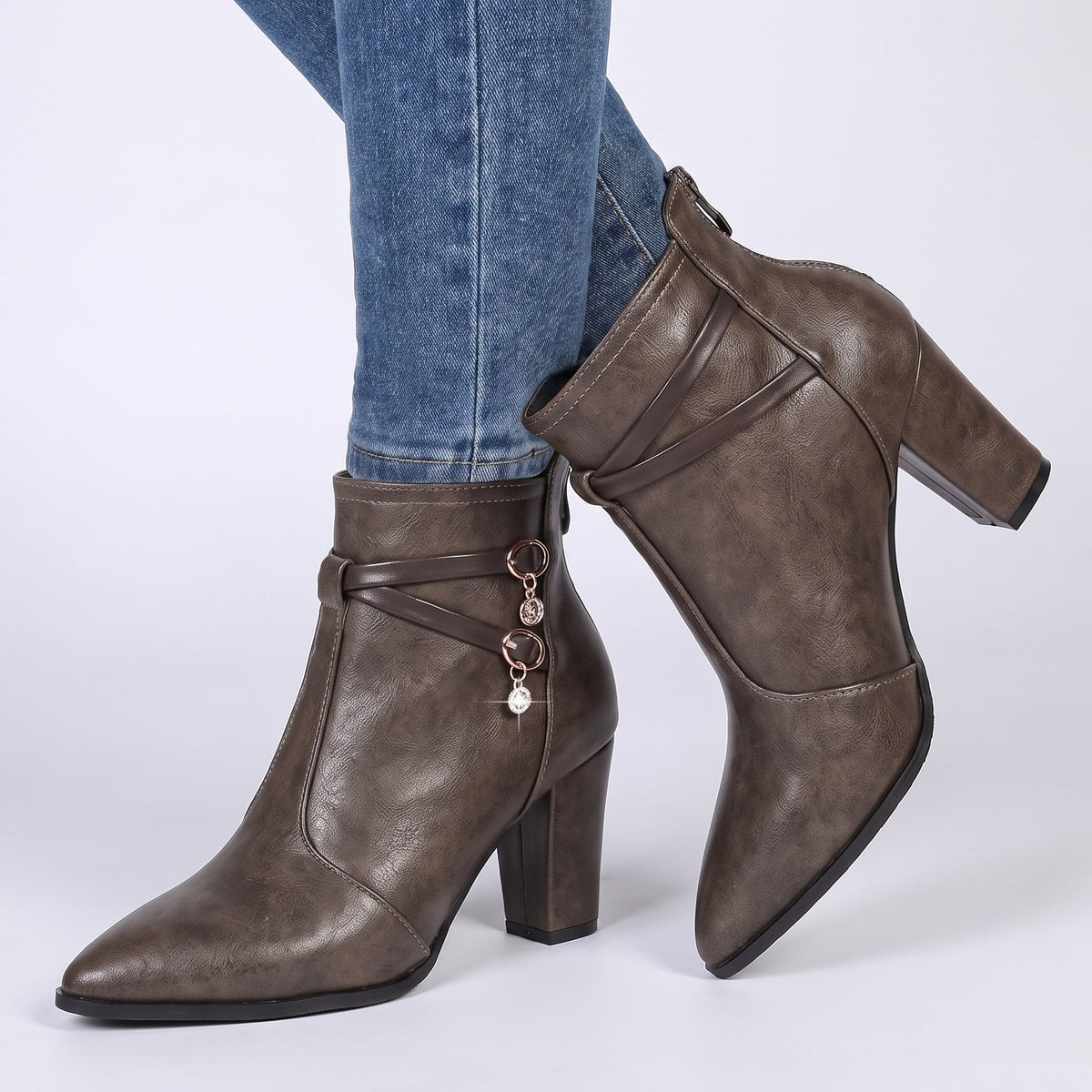 Hailey - Women's Pointed-Toe Block Heel Boots with Crystal Charm