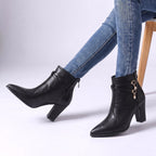 Hailey - Women's Pointed-Toe Block Heel Boots with Crystal Charm