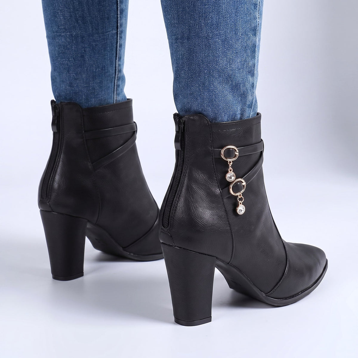 Hailey - Women's Pointed-Toe Block Heel Boots with Crystal Charm