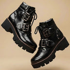 Hallie - Women's Buckled Platform Ankle Boots with Lug Sole