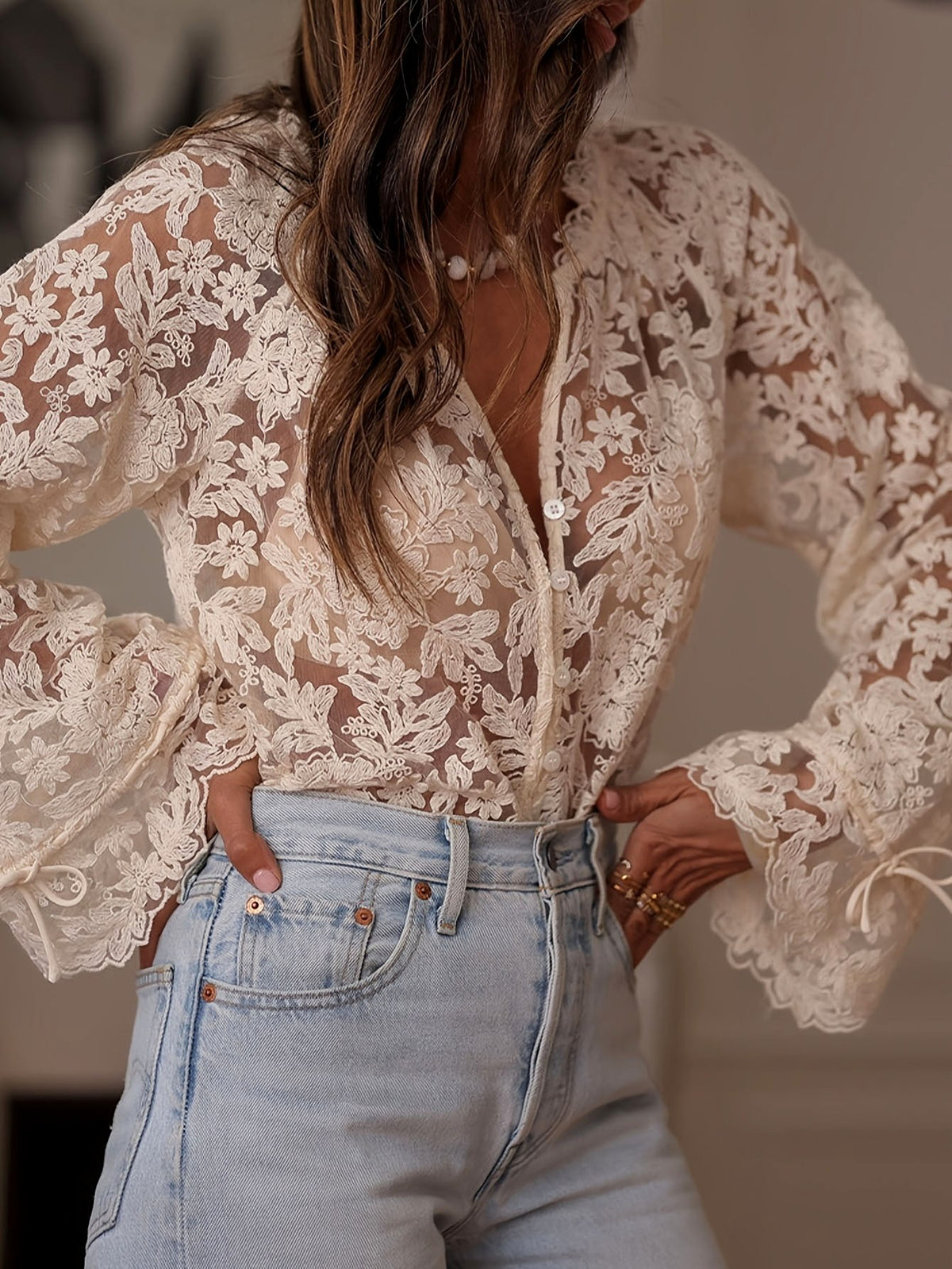 Hallie - Women's Floral Lace V-Neck Button Blouse 2
