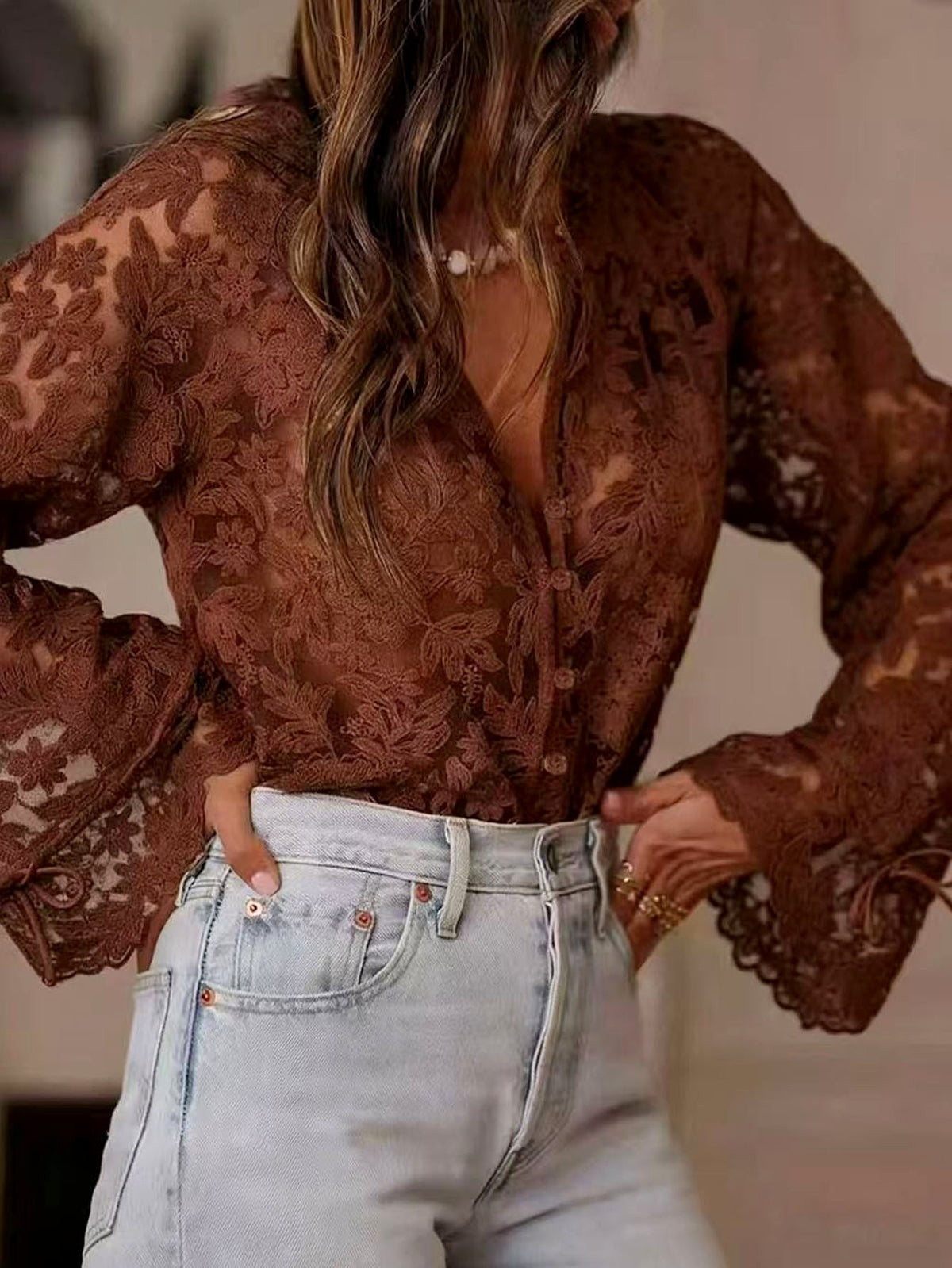 Hallie - Women's Floral Lace V-Neck Button Blouse 5