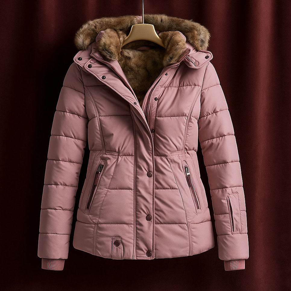 Hazel - Women's Quilted Puffer Jacket with Faux-Fur Hood