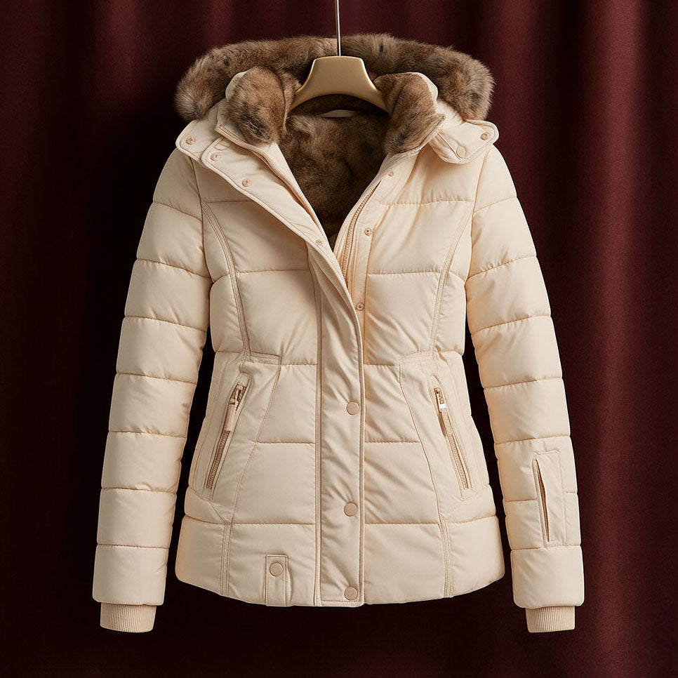 Hazel - Women's Quilted Puffer Jacket with Faux-Fur Hood