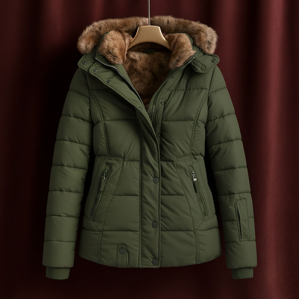 Hazel - Women's Quilted Puffer Jacket with Faux-Fur Hood