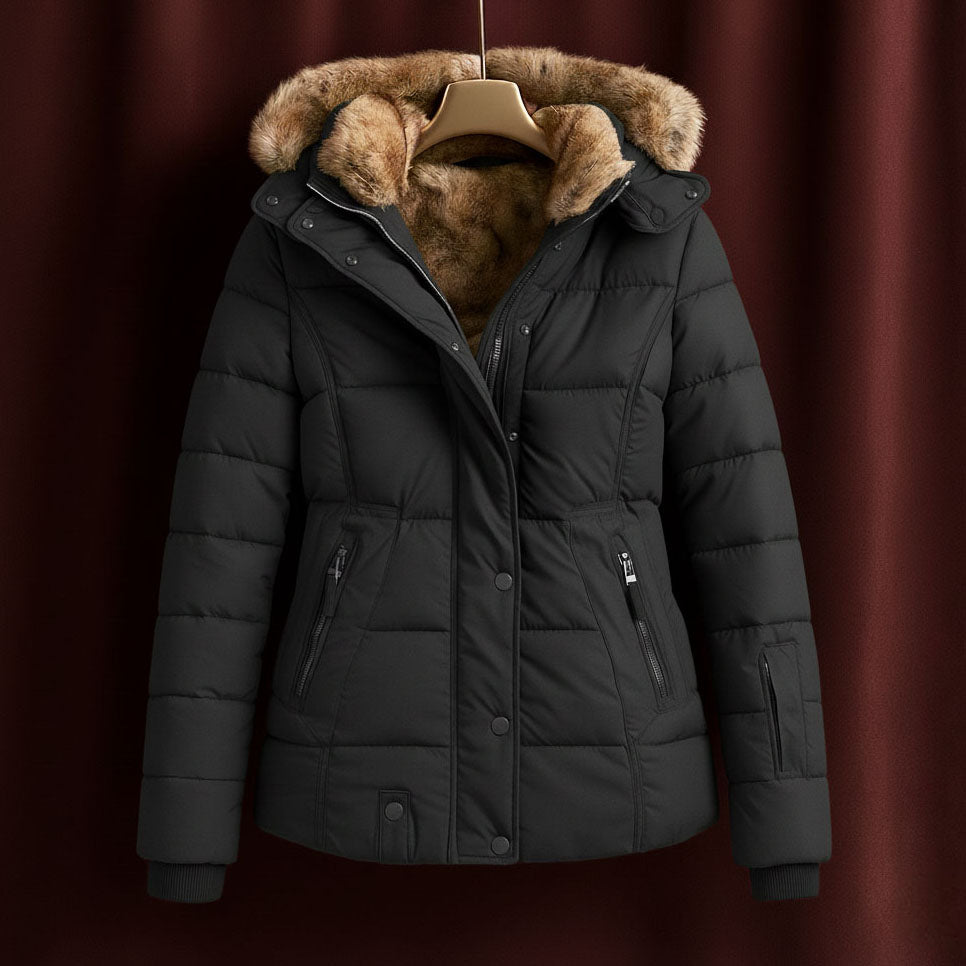 Hazel - Women's Quilted Puffer Jacket with Faux-Fur Hood