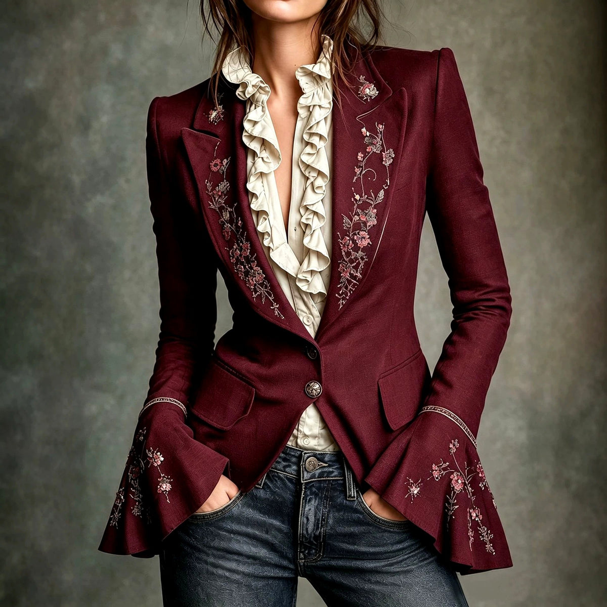 Hazel - Women's Floral Embroidered Bell Sleeve Blazer 2