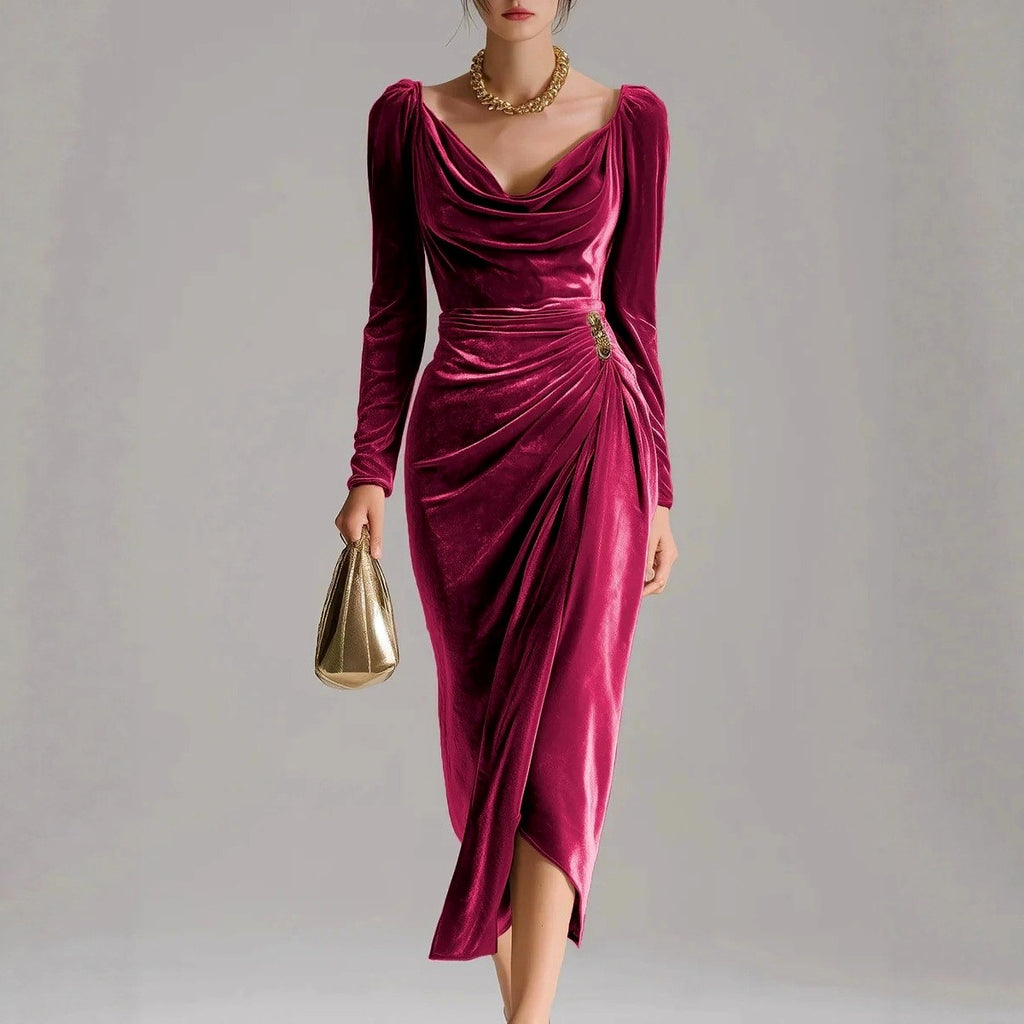 Holly - Women's Draped Velvet Evening Midi Dress 2
