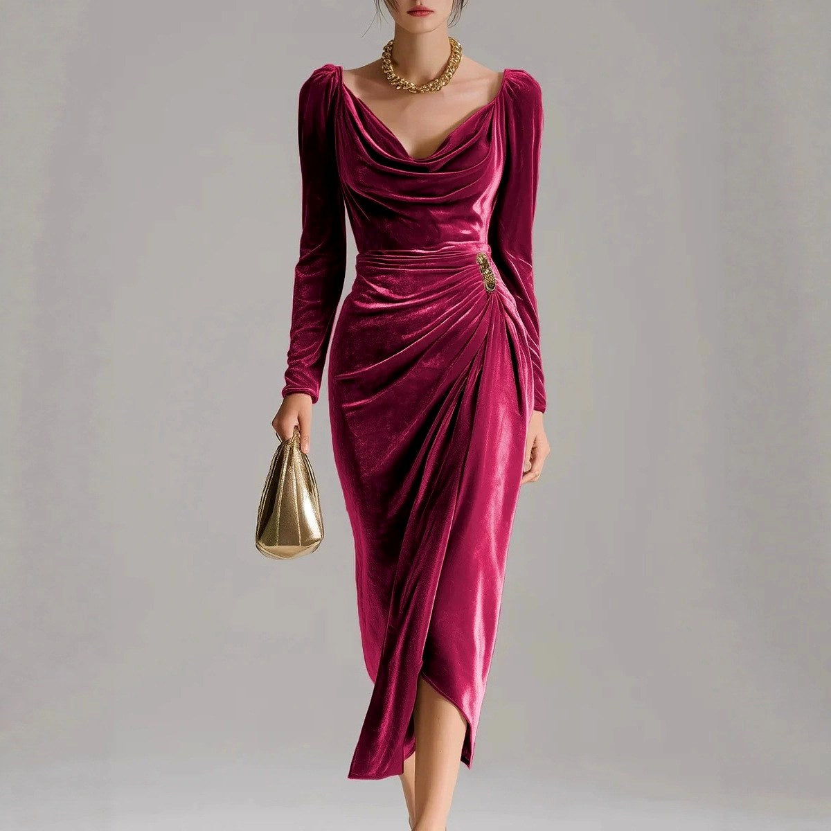 Holly - Women's Draped Velvet Evening Midi Dress 2