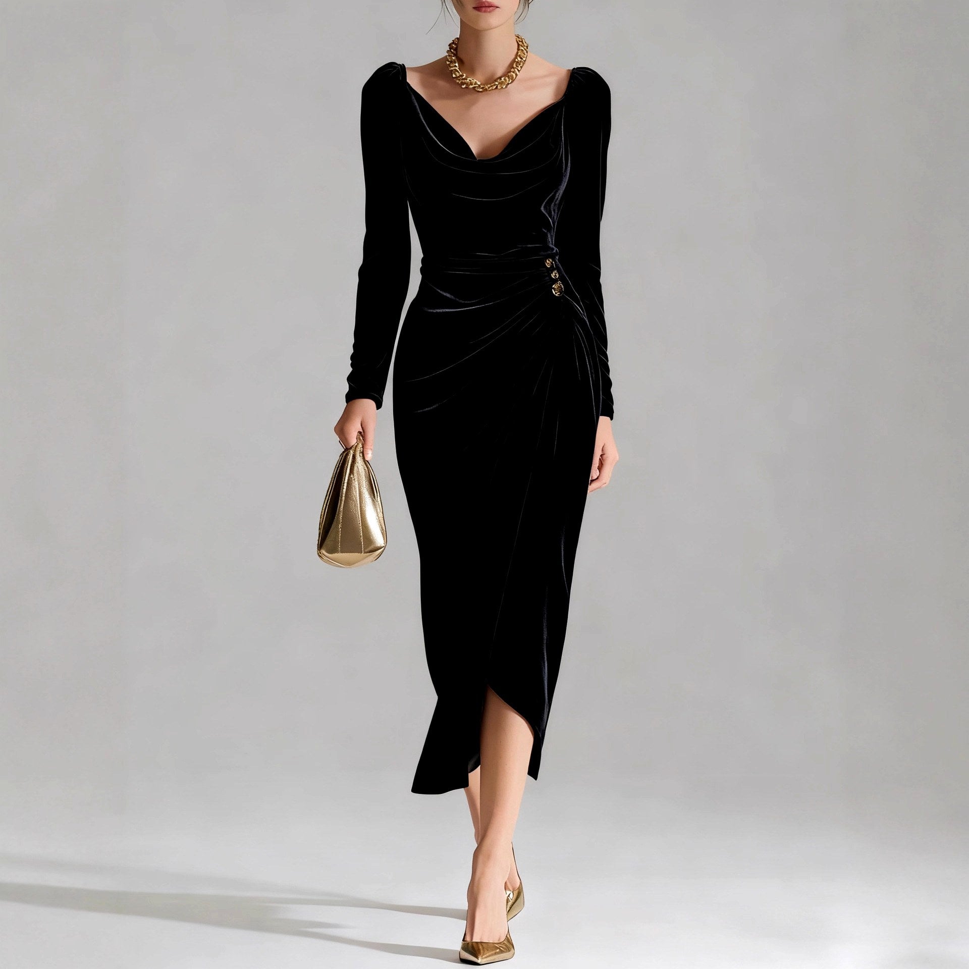 Holly - Women's Draped Velvet Evening Midi Dress 3