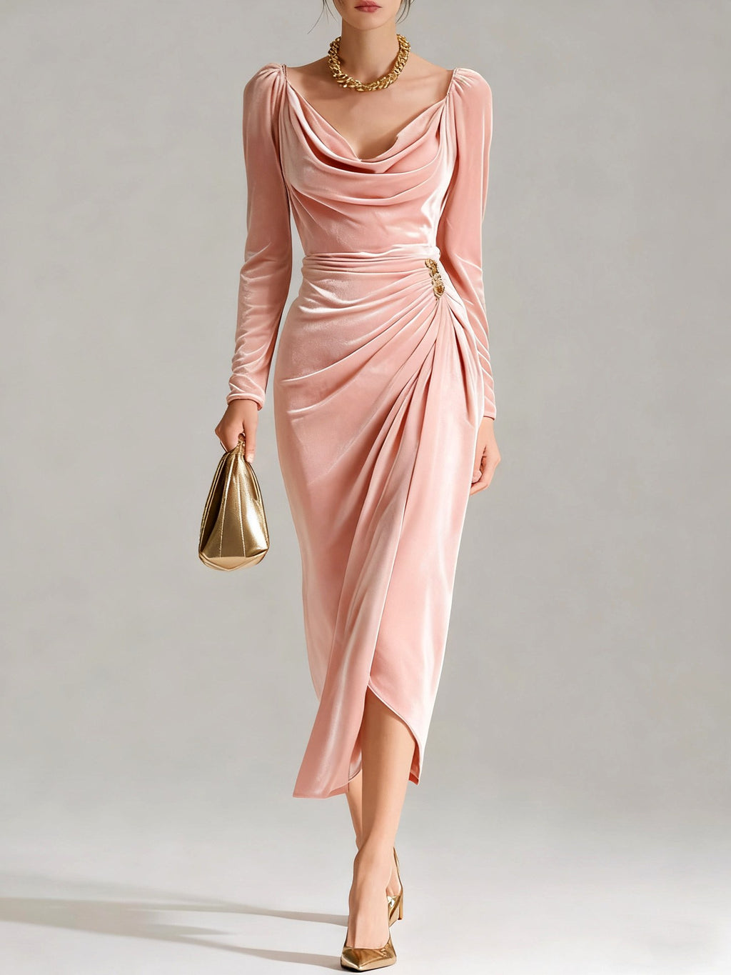 Holly - Women's Draped Velvet Evening Midi Dress 5