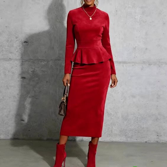 Imke - Women's Mock Neck Peplum Top & Midi Skirt Set 2