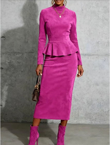 Imke - Women's Mock Neck Peplum Top & Midi Skirt Set 3