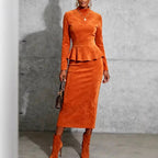 Imke - Women's Mock Neck Peplum Top & Midi Skirt Set 4