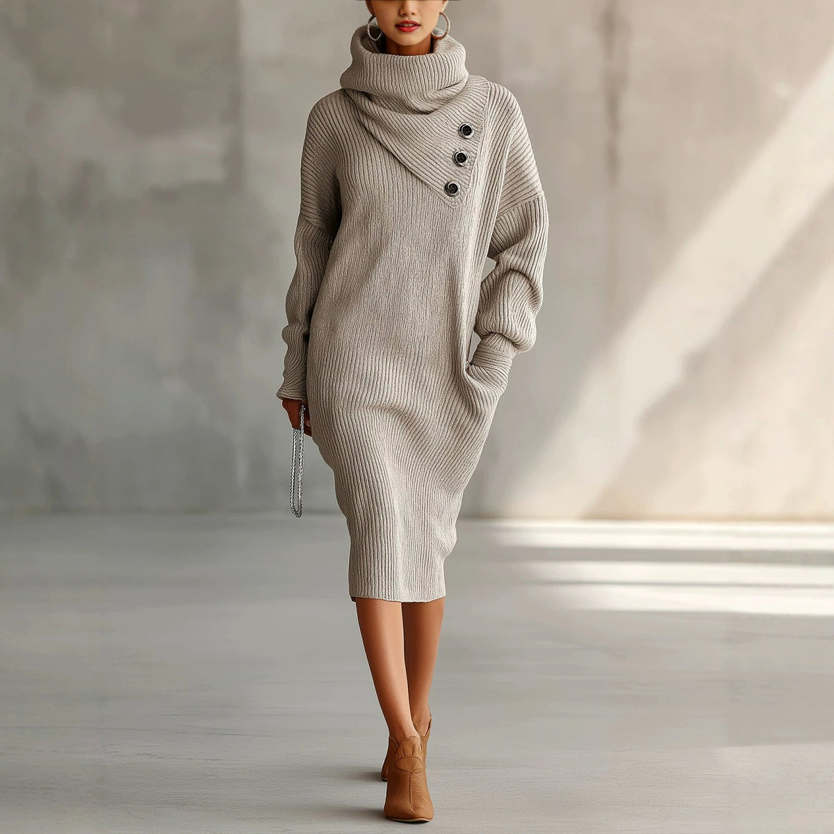 Iona - Women's Cowl Neck Ribbed Knit Dress 1
