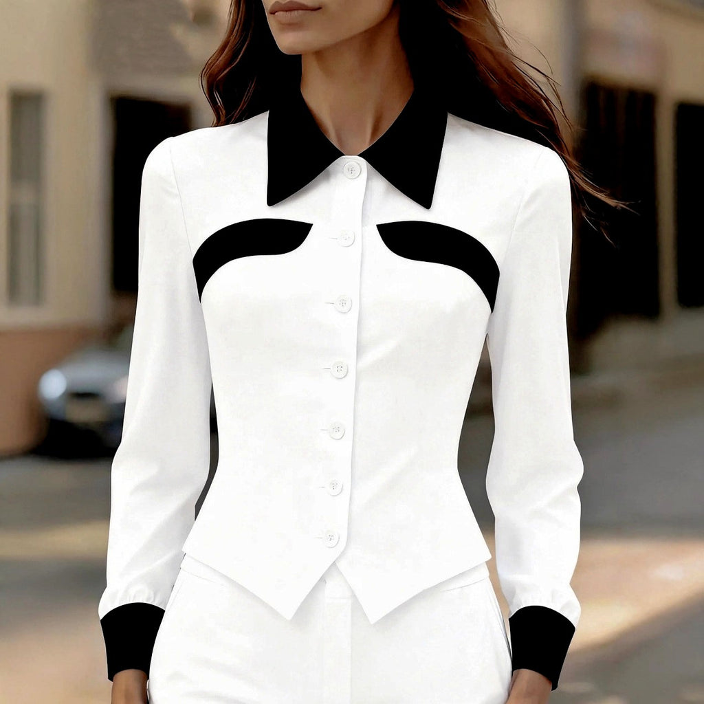 Irene - Women's Contrast Collar Button Blouse 2