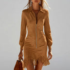 Isabel - Women's Collared Fringe Trim Zip-Front Dress 5