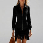 Isabel - Women's Collared Fringe Trim Zip-Front Dress 6