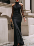 Isadora - Women's Cold-Shoulder Satin Gown with Sheer Mesh Sleeves