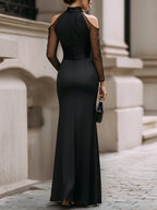 Isadora - Women's Cold-Shoulder Satin Gown with Sheer Mesh Sleeves