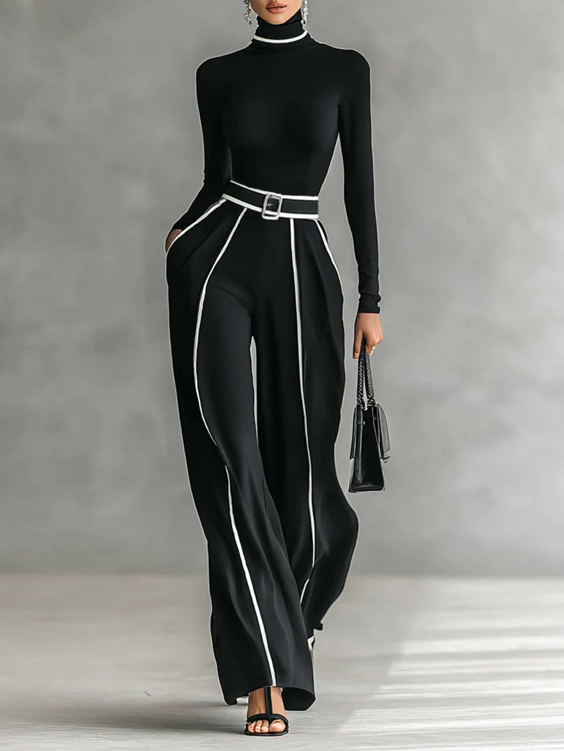 Izabella - Women's High-Neck Top & Wide-Leg Piped Pants Set
