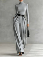 Izabella - Women's High-Neck Top & Wide-Leg Piped Pants Set