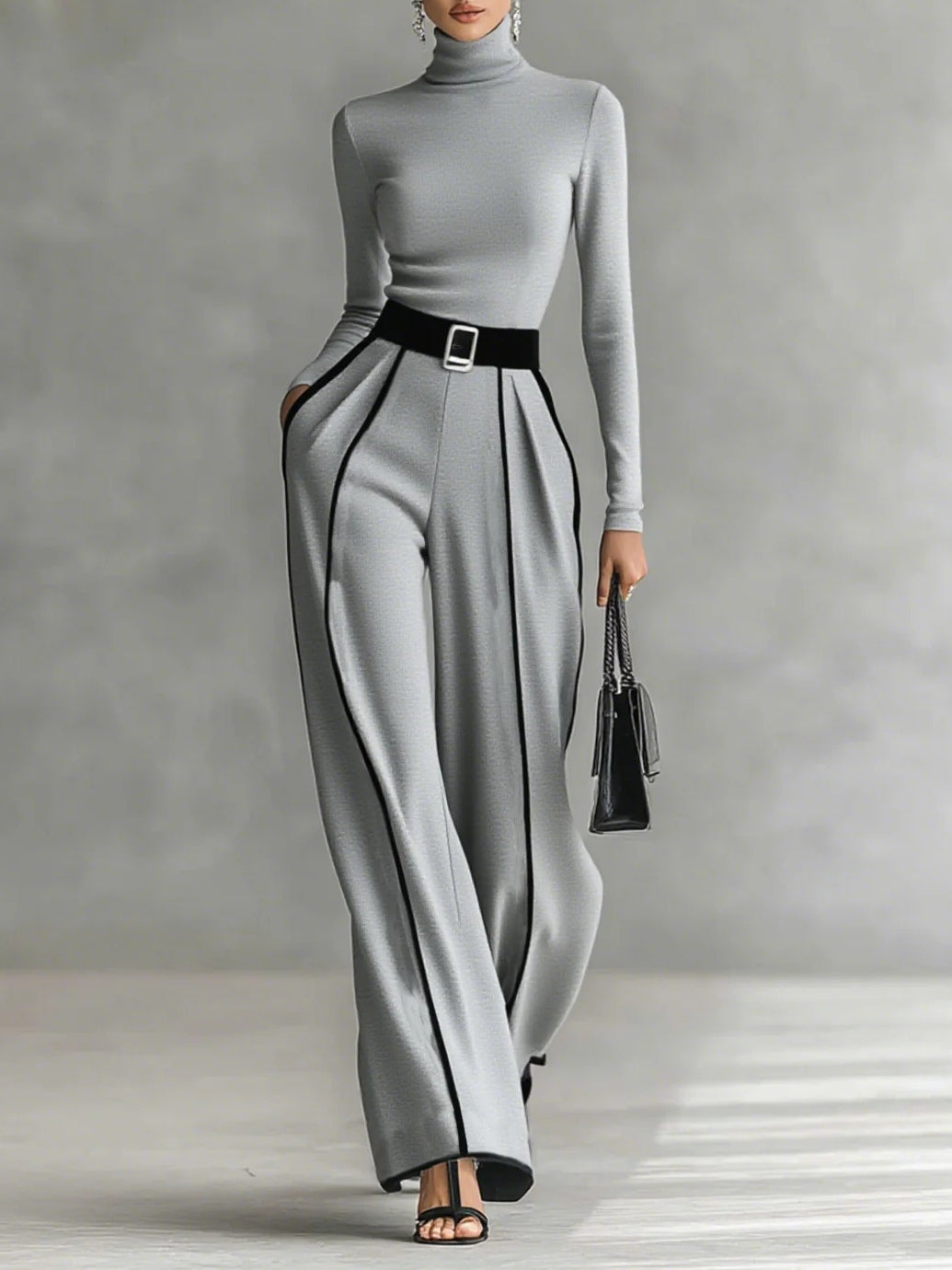 Izabella - Women's High-Neck Top & Wide-Leg Piped Pants Set