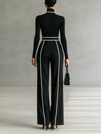 Izabella - Women's High-Neck Top & Wide-Leg Piped Pants Set