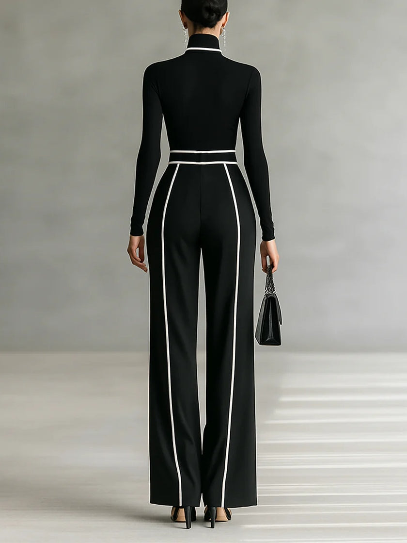 Izabella - Women's High-Neck Top & Wide-Leg Piped Pants Set