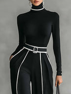 Izabella - Women's High-Neck Top & Wide-Leg Piped Pants Set