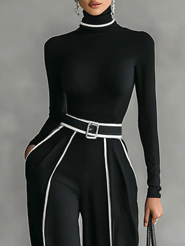 Izabella - Women's High-Neck Top & Wide-Leg Piped Pants Set