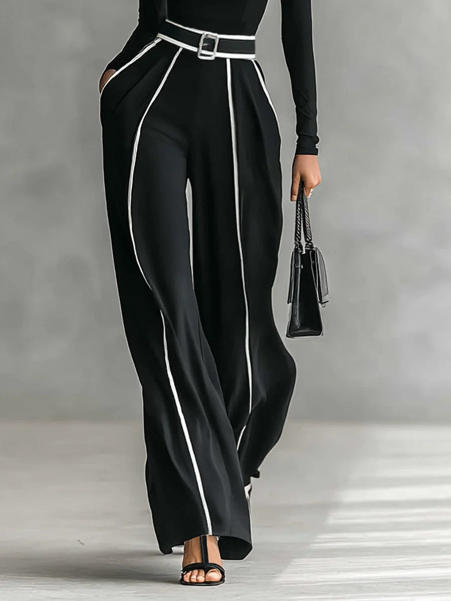 Izabella - Women's High-Neck Top & Wide-Leg Piped Pants Set