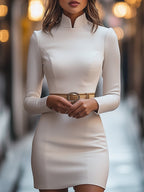 Janelle - Women's Mock Neck Sheath Dress with Gold Belt