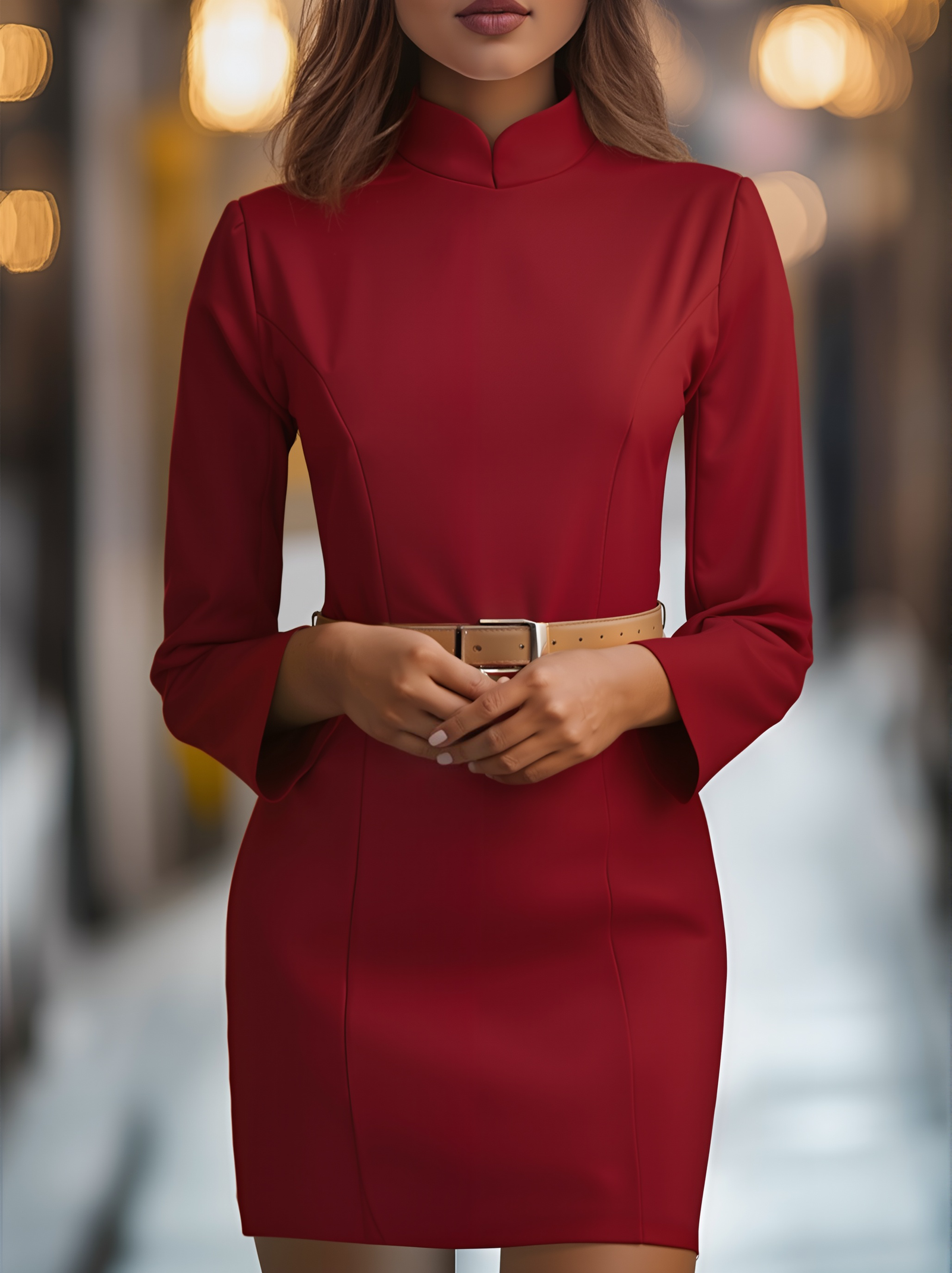 Janelle - Women's Mock Neck Sheath Dress with Gold Belt