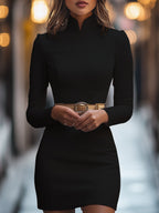 Janelle - Women's Mock Neck Sheath Dress with Gold Belt