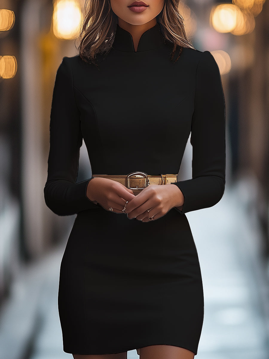 Janelle - Women's Mock Neck Sheath Dress with Gold Belt