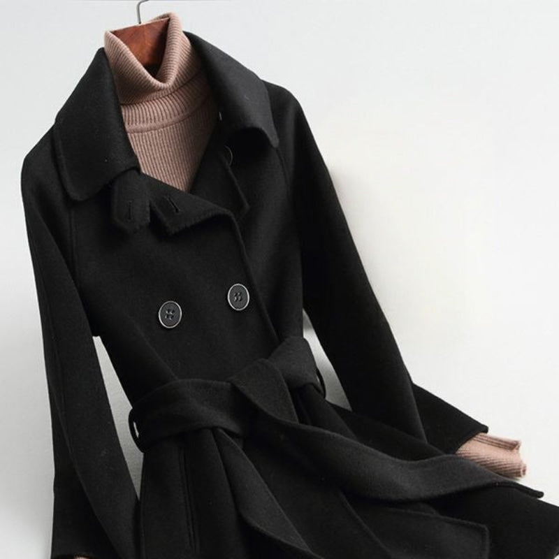 Jecel - Women's Belted Cashmere Coat with Notch Collar
