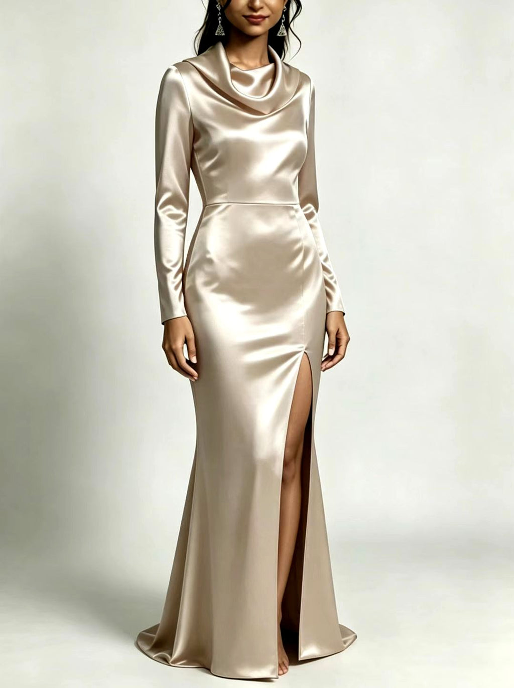 Jemima - Women's Satin Cowl Neck Side Slit Maxi Dress 1