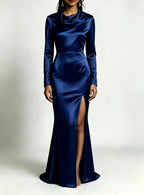 Jemima - Women's Satin Cowl Neck Side Slit Maxi Dress 2